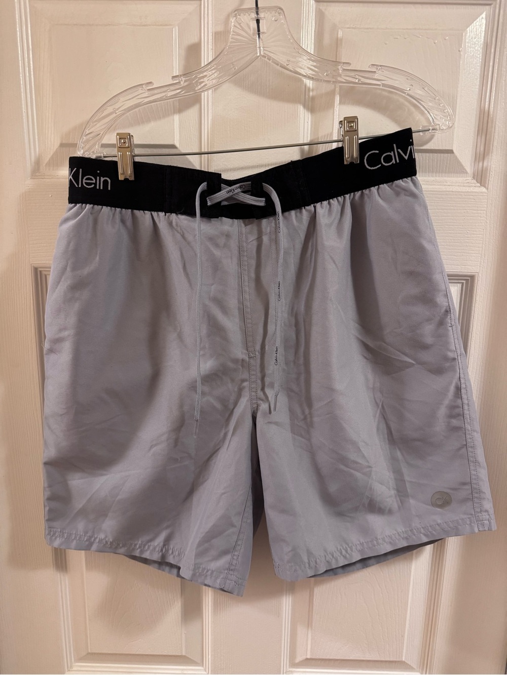 Calvin Klein Light Gray Men’s Swim Trunks with Black Waistband